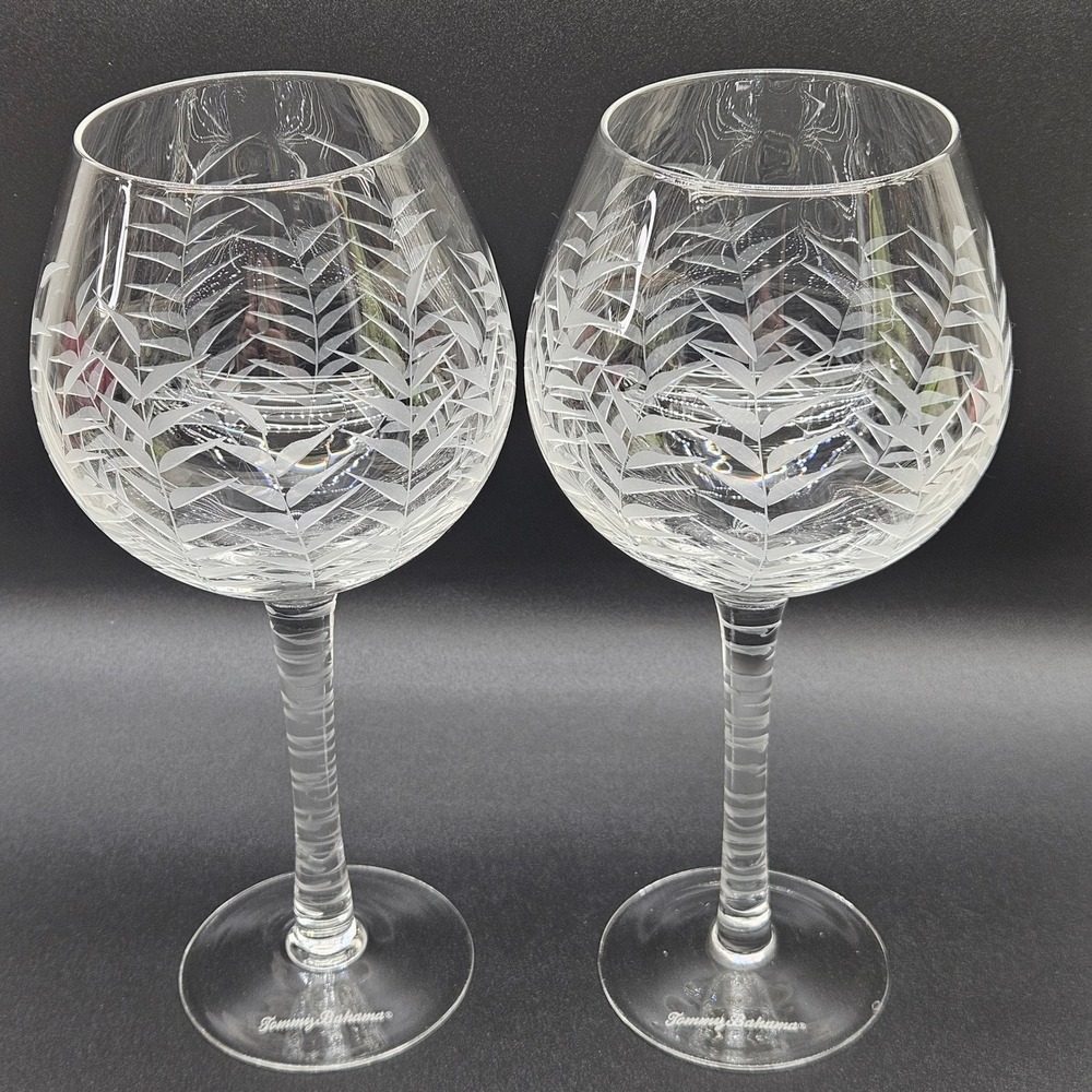 Tommy Bahama Set of 2 Etched Palm‎ Frond Balloon Red Wine Glasses Clear Goblet